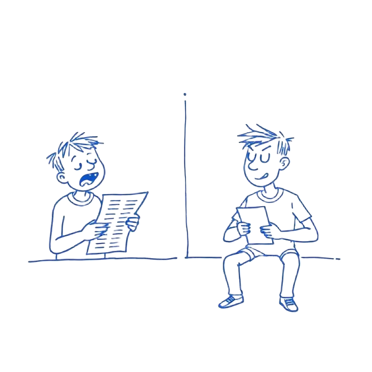 Cartoon split scene of a bored person filling a survey vs an excited person playing a game