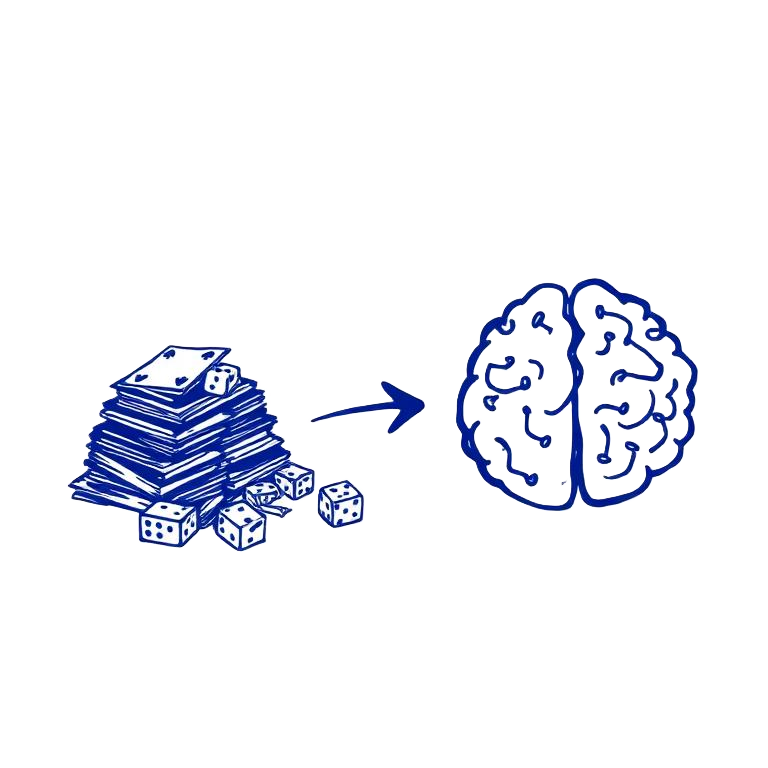 Cartoon arrow from a pile of cards and dice transforming into a brain with circuits