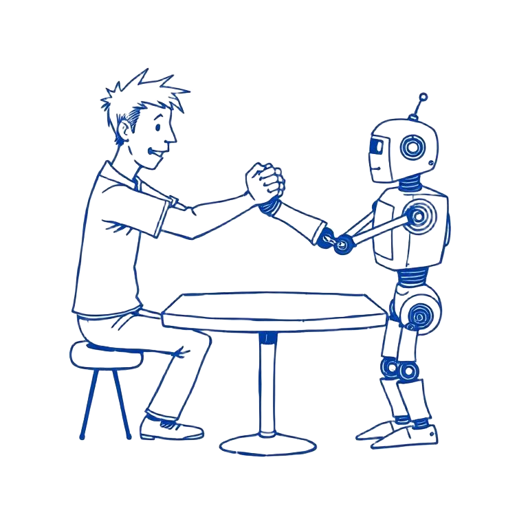 Cartoon of a person arm-wrestling a friendly robot across a small table