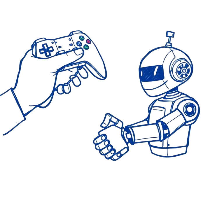 Cartoon of a human hand holding a game controller shaking hands with a robot