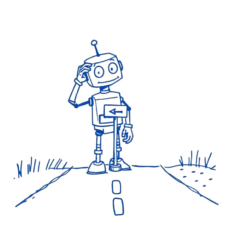 Cartoon of a friendly robot standing at a fork in the road, looking puzzled