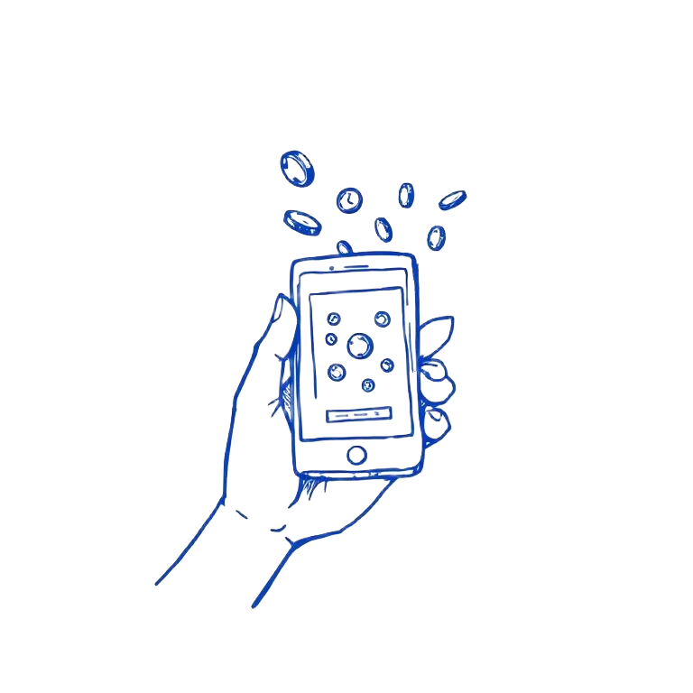Cartoon of a hand holding a smartphone showing a game with coins flying out
