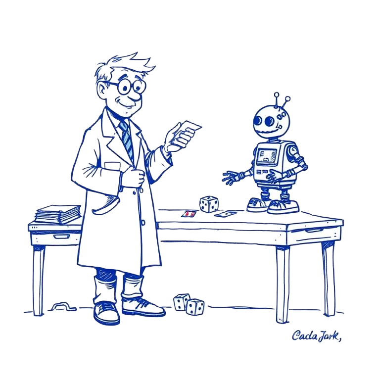 Cartoon scientist building a small friendly robot at a workbench with playing cards and dice