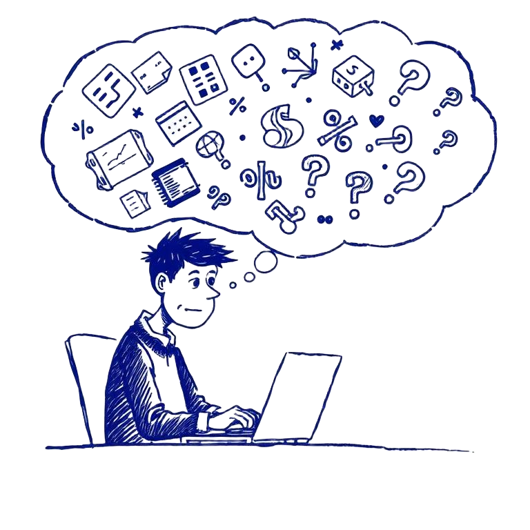 Cartoon of a person at a laptop with a thought bubble full of probabilities and dice